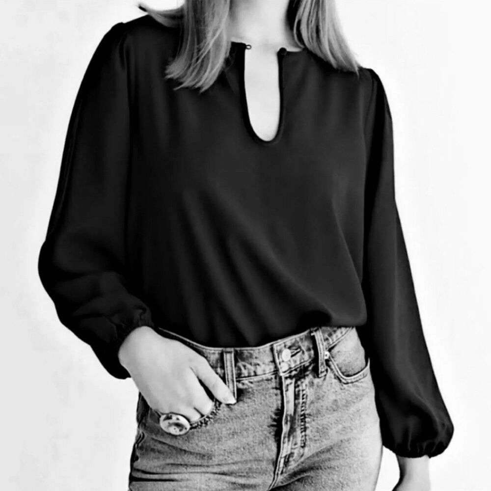J Crew Black Blouse Shirt Womens ST Small Tall Puff Sleeve Crepe Top Workwear